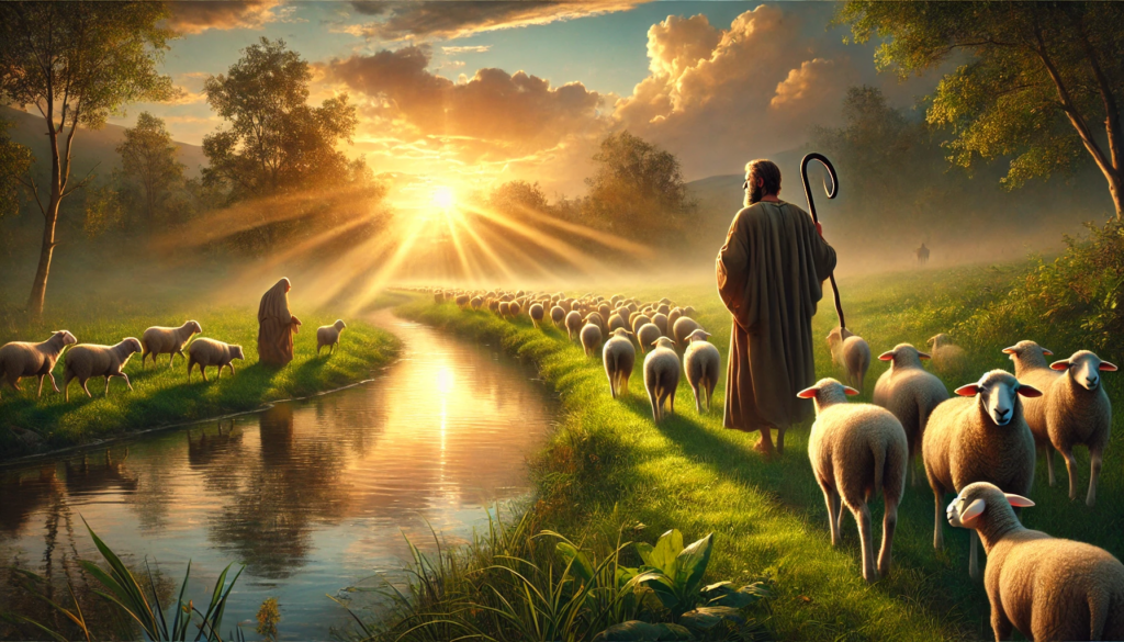Salmos 23:1: Um pastor guiando suas ovelhas em um cenário sereno ao entardecer.