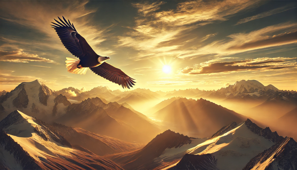 Isaías 40:31 - A cena mostra uma águia voando majestosa sobre montanhas cobertas de neve ao pôr do sol, simbolizando força, esperança e liberdade.