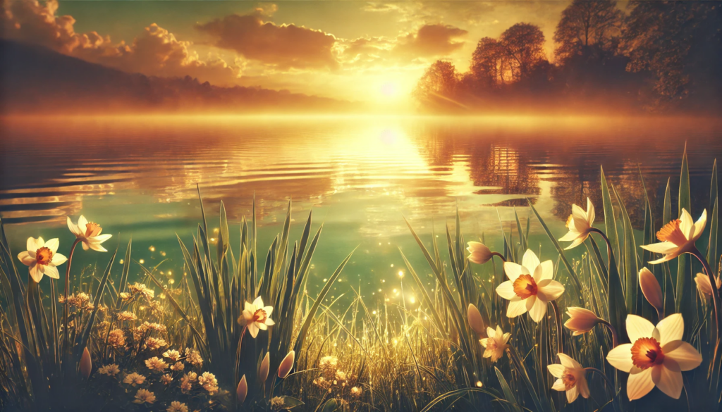 Filipenses 4:6-7 - Cenário tranquilo com um pôr do sol refletindo em um campo de flores ou um lago calmo, evocando serenidade e paz interior.