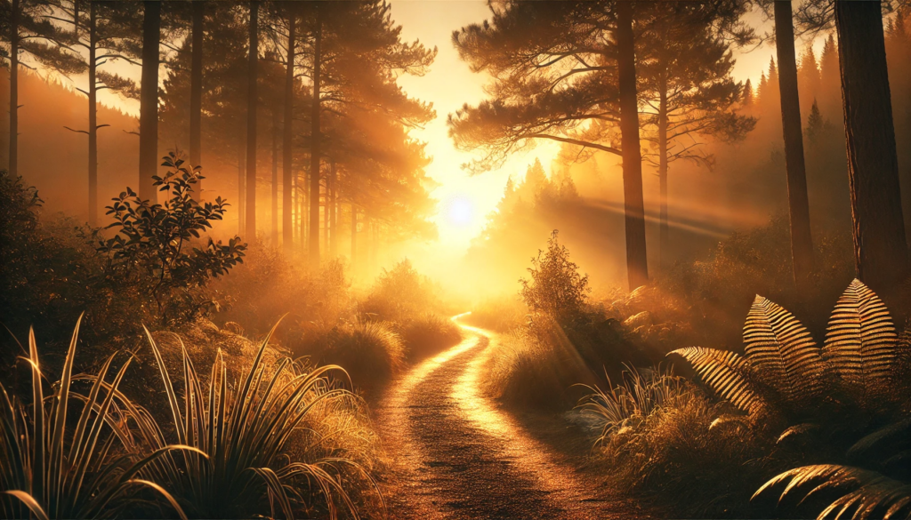 Tiago 1:22 - Caminho iluminado pelo nascer do sol, representando a caminhada em obediência e prática da Palavra de Deus