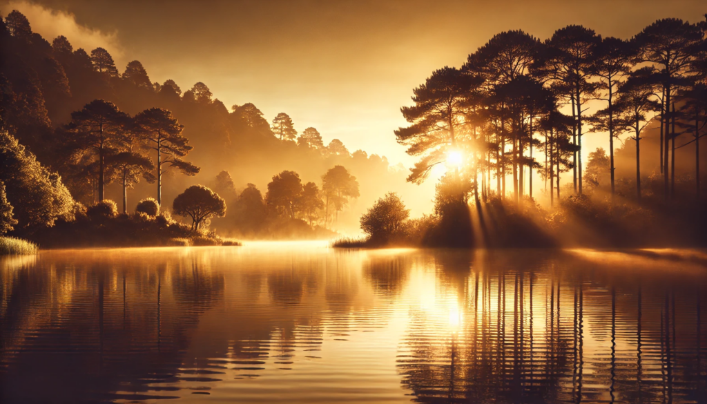 Cenário tranquilo de um lago ao amanhecer, com luz suave e serena refletindo a paz descrita em João 14:27