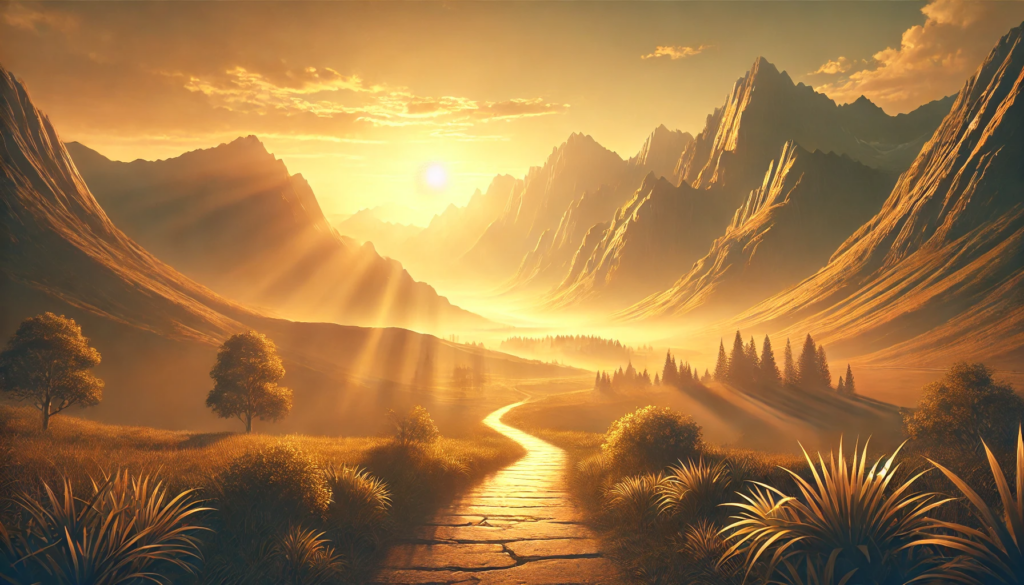 Cenário sereno de montanhas ao amanhecer, com raios de sol iluminando o caminho, simbolizando esperança e confiança na promessa de Romanos 8:28.