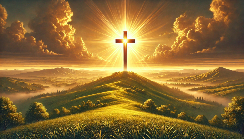João 3:16: Uma cruz radiante sobre uma colina, simbolizando esperança e redenção, com um nascer do sol dourado ao fundo.