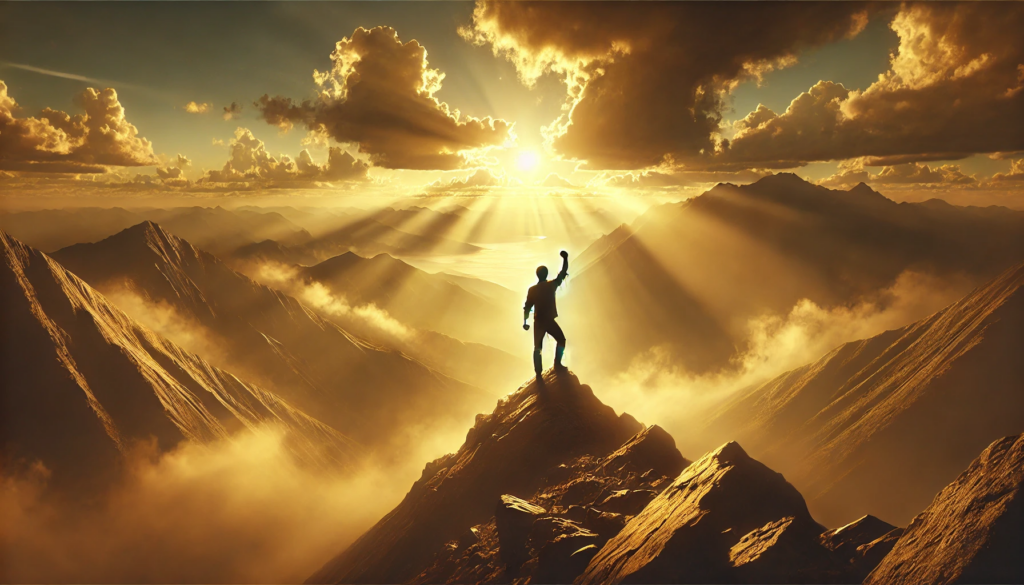 Filipenses 4:13 - A cena retrata uma pessoa em um pico de montanha ao nascer do sol, simbolizando força, fé e triunfo com apoio divino.