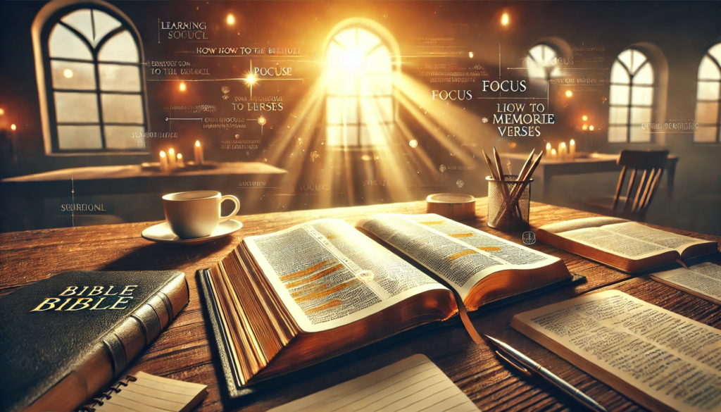 Como Memorizar Versículos Bíblicos - A cena ilustra um ambiente de estudo espiritual, com uma Bíblia aberta em uma mesa iluminada por luz natural, simbolizando paz, foco e inspiração.